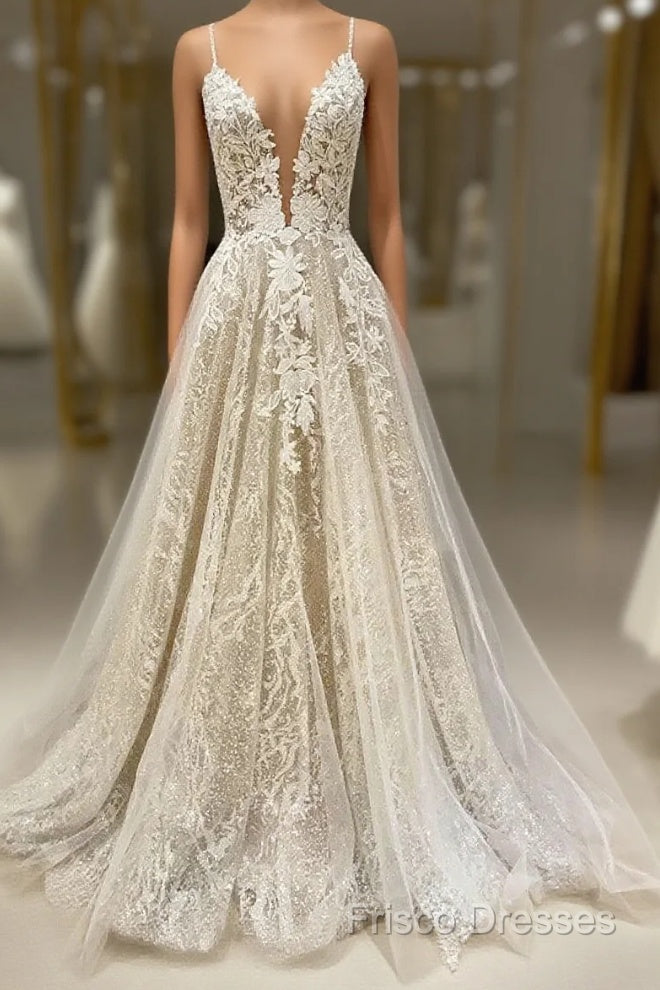 Unique V Neck Tulle Lace Long Formal Prom Dress Lace Tulle Formal Dress Main image