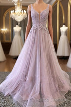 Unique v neck tulle lace long Formal Prom Dresses, tulle evening Dresses