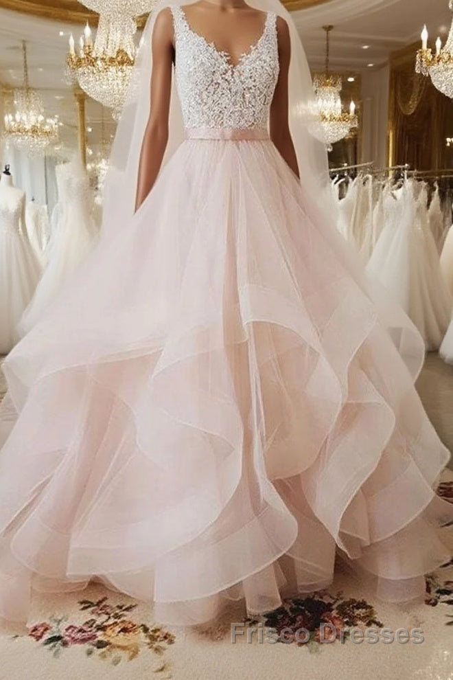 Unique v neck tulle lace long Formal Prom Dresses, tulle wedding Dresses Main image