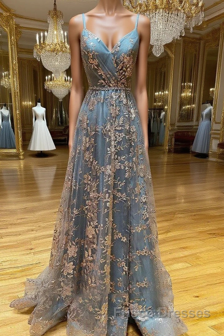 Unique v neck tulle sequin long Formal Prom Dresses, sequin long evening Dresses Main image