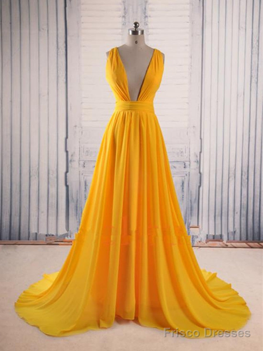Unique V Neck Yellow Prom Dress With Sweep Train, Yellow Formal Dress, Party Dress Main image
