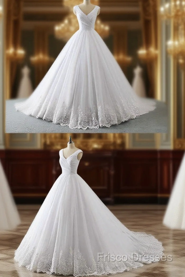 Unique White Lace V Neck Puffy Sweep Train Wedding Dress, Lace Formal Prom Dress Main image