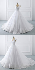 Unique White Lace V Neck Puffy Sweep Train Wedding Dress, Lace Formal Prom Dress