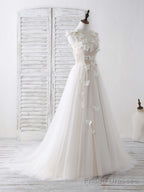 Unique White Round Neck Tulle 3D Lace Applique Long Prom Dresses