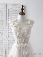 Unique White Round Neck Tulle 3D Lace Applique Long Prom Dresses