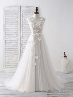 Unique White Round Neck Tulle 3D Lace Applique Long Prom Dresses
