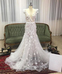Unique White V Neck Tulle Long Prom Dress, Tulle Wedding Dress