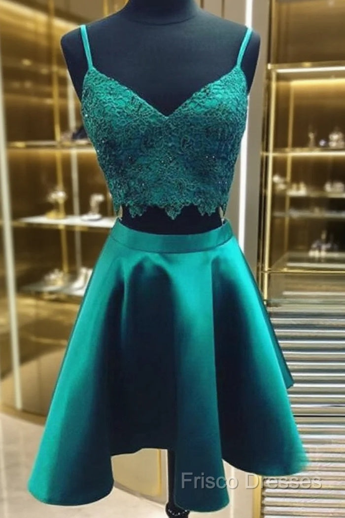 V Neck 2 Pieces Short Green Lace Formal Prom Dress, Two Pieces Short Green Formal Homecoming Dress