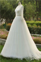 V-Neck A-Line Floor Length Tulle Wedding Dress With Beading Long Sleeves