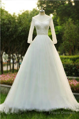 V-Neck A-Line Floor Length Tulle Wedding Dress With Beading Long Sleeves