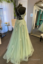 V Neck A Line Green Tulle Long Formal Prom Dress With Applique