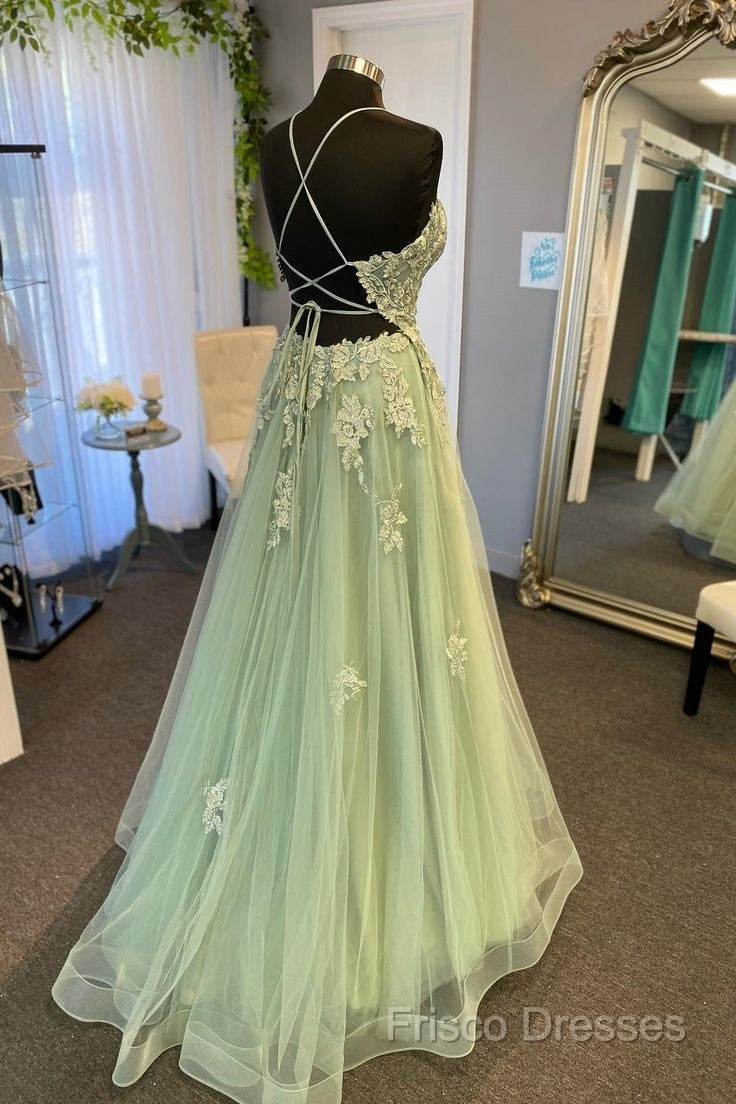 V Neck A Line Green Tulle Long Formal Prom Dress With Applique