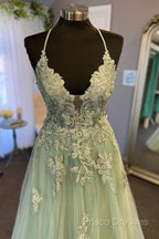 V Neck A Line Green Tulle Long Formal Prom Dress With Applique