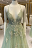 V Neck A Line Green Tulle Long Formal Prom Dress With Applique