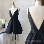 V Neck and V Back Black Satin Short Formal Prom Homecoming Dresses, V Neck Black Formal Graduation Evening Dresses, Black Cocktail Dresses