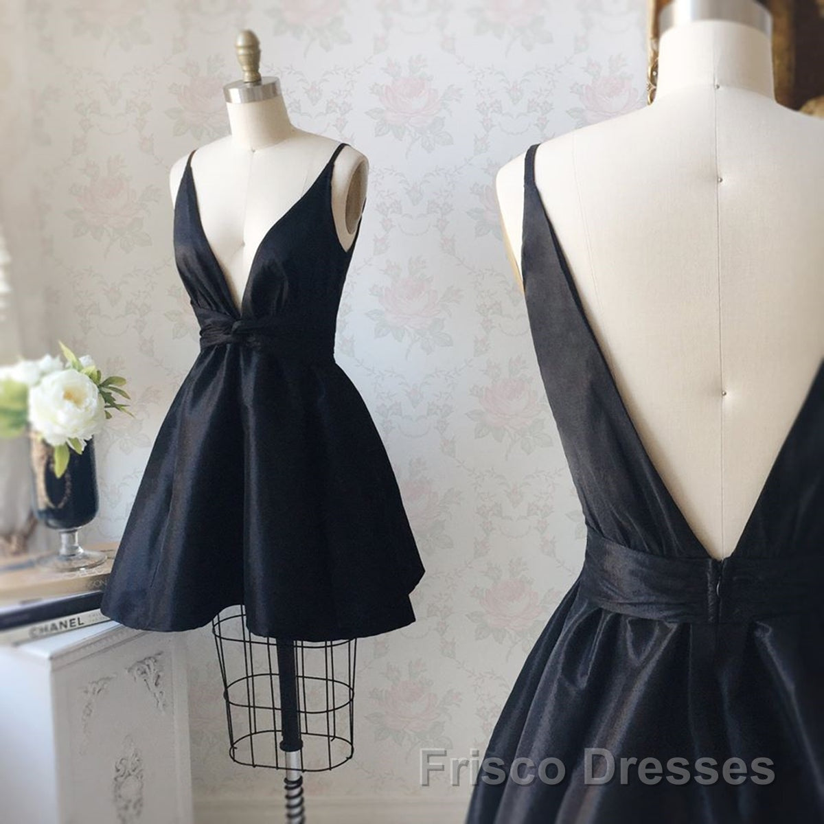 V Neck and V Back Black Satin Short Formal Prom Homecoming Dresses, V Neck Black Formal Graduation Evening Dresses, Black Cocktail Dresses