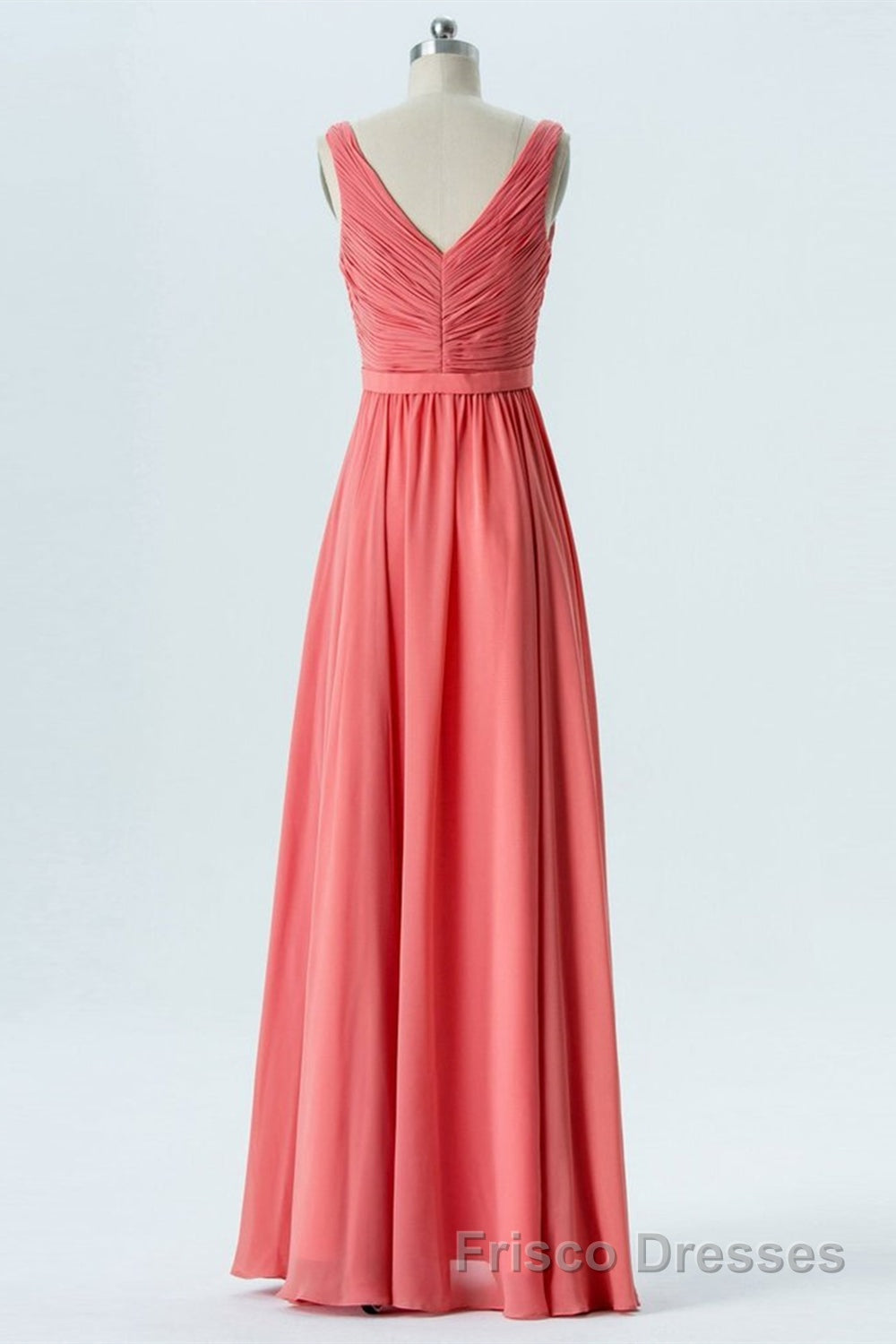 V Neck and V Back High Low Coral Chiffon Long Formal Prom Dresses, Long Coral Formal Evening Bridesmaid Dresses with Slit