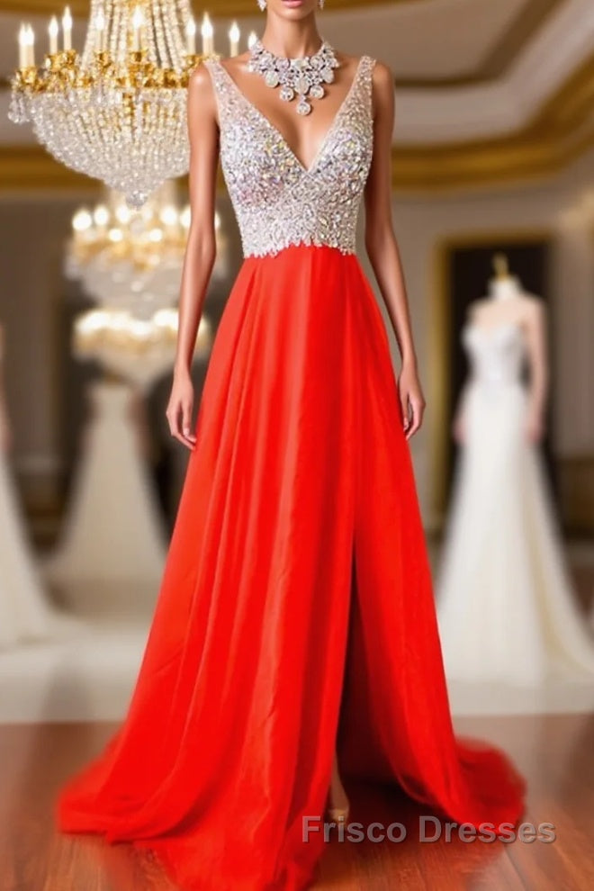 V Neck And V Back Sequins Chiffon Red Formal Prom Dresses, Long Red Formal Dresses, Evening Dresses Main image