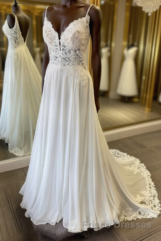 V Neck and V Back White Lace Long Formal Prom Dresses, White Lace Wedding Dresses, Long White Formal Evening Dresses Main image