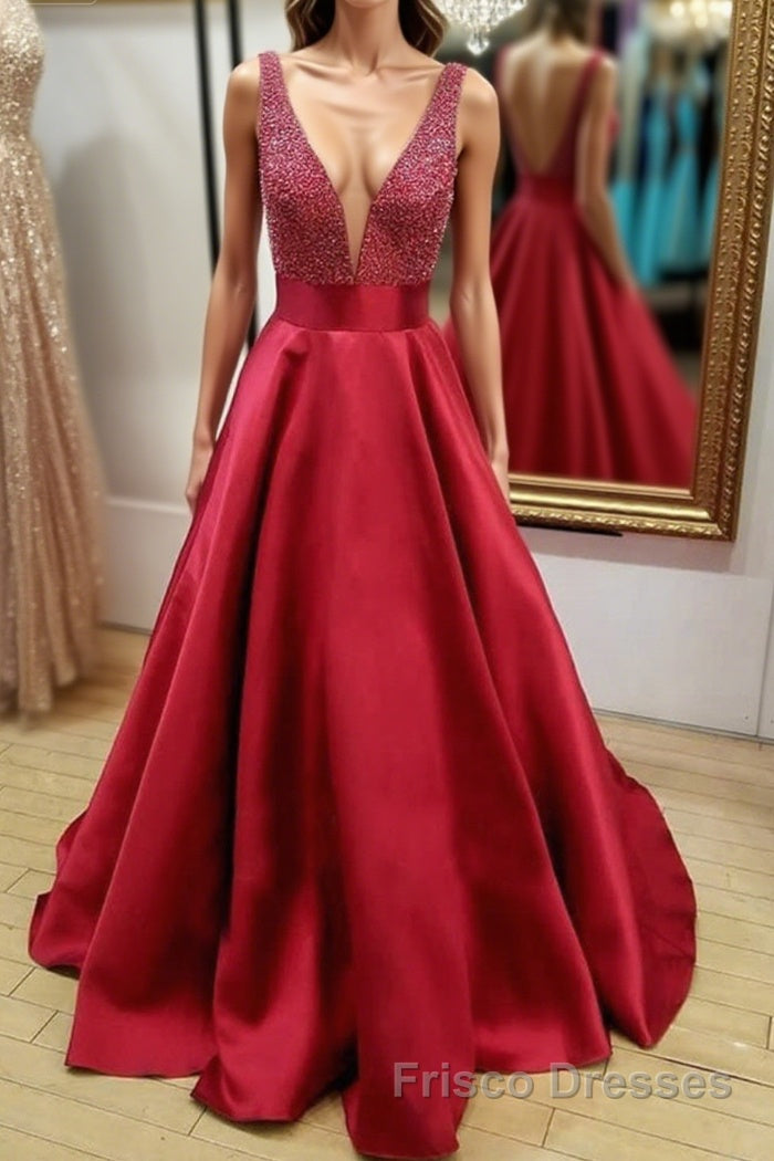 V Neck and V Neck Sequins Burgundy Long Formal Prom Dresses, V Neck Burgundy Formal Graduation Evening Dresses Main image
