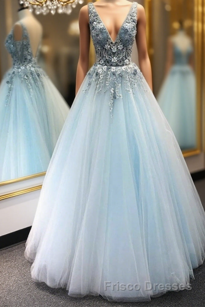 V Neck Appliques Blue Lace Long Formal Prom Dresses, Floral Blue Lace Formal Dresses, Lace Blue Evening Dresses, Ball Gown Main image