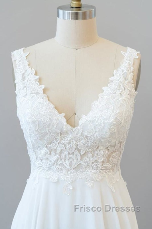V-neck Appliques Chiffon A-line Wedding Dress