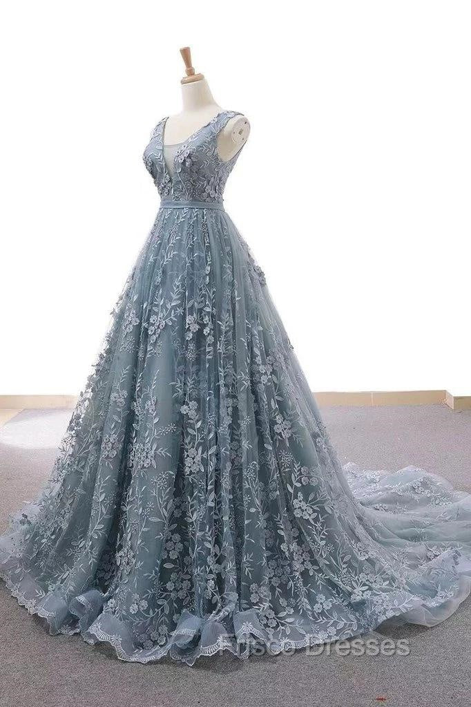 V-Neck Appliques Lace Wedding Dress With Chapel Train