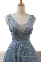 V-Neck Appliques Lace Wedding Dress With Chapel Train