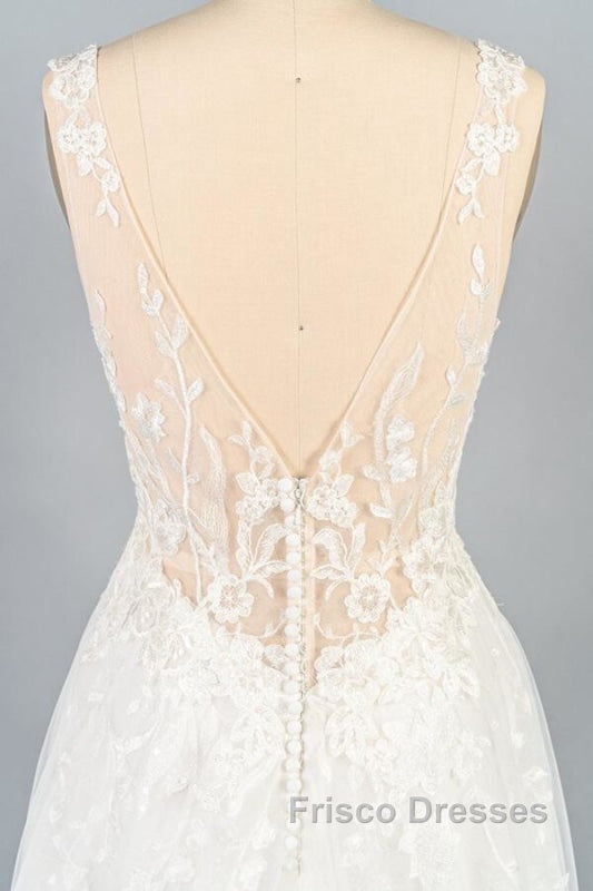 V-neck Appliques Tulle A-line Wedding Dress