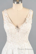 V-neck Appliques Tulle A-line Wedding Dress