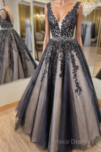 V Neck Backless Black Lace Long Formal Prom Dresses, Black Lace Formal Dresses, Black Evening Dresses