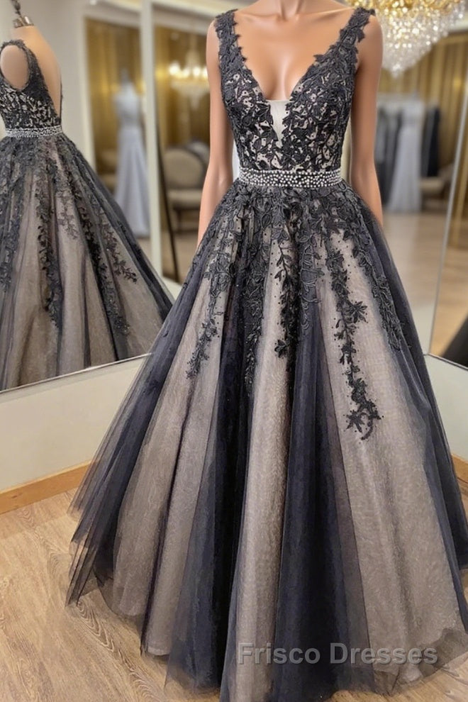 V Neck Backless Black Lace Long Formal Prom Dresses, Black Lace Formal Dresses, Black Evening Dresses
