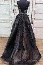 V Neck Backless Black Lace Long Formal Prom Dresses, Black Lace Formal Dresses, Black Evening Dresses