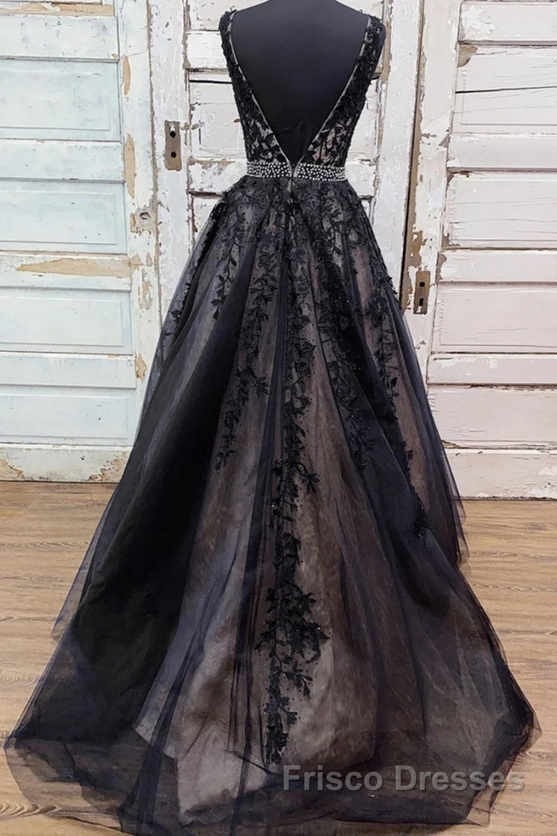 V Neck Backless Black Lace Long Formal Prom Dresses, Black Lace Formal Dresses, Black Evening Dresses