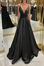 V Neck Backless Black Satin Long Formal Prom Dresses, Backless Black Formal Dresses, Black Evening Dresses