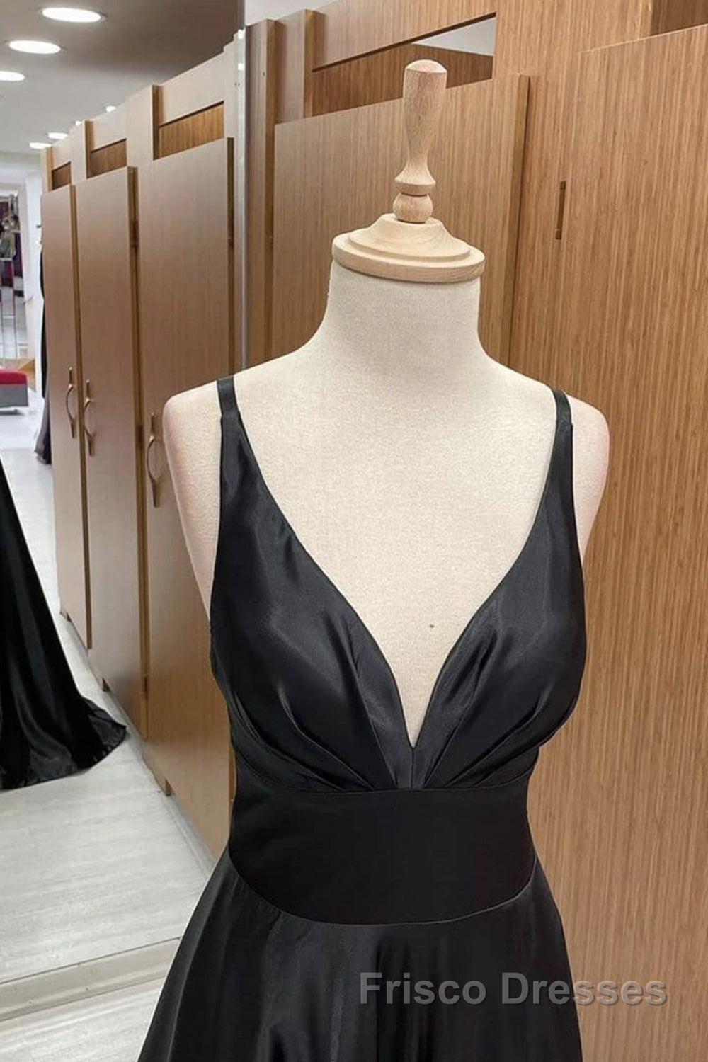 V Neck Backless Black Satin Long Formal Prom Dresses, Backless Black Formal Dresses, Black Evening Dresses
