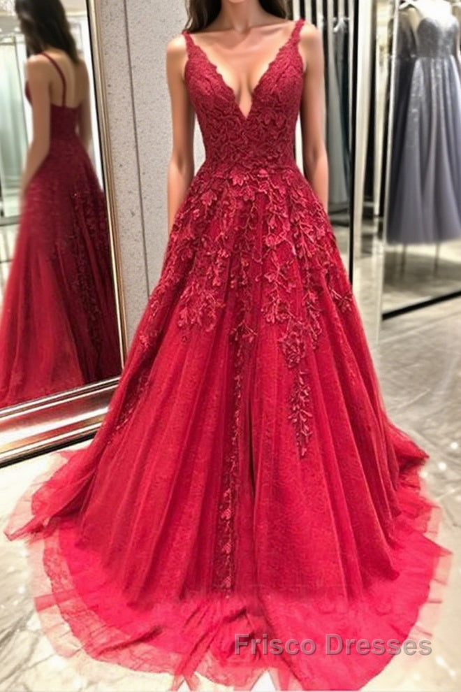 V Neck Backless Burgundy Lace Long Formal Prom Dresses, Burgundy Lace Formal Graduation Evening Dresses Main image
