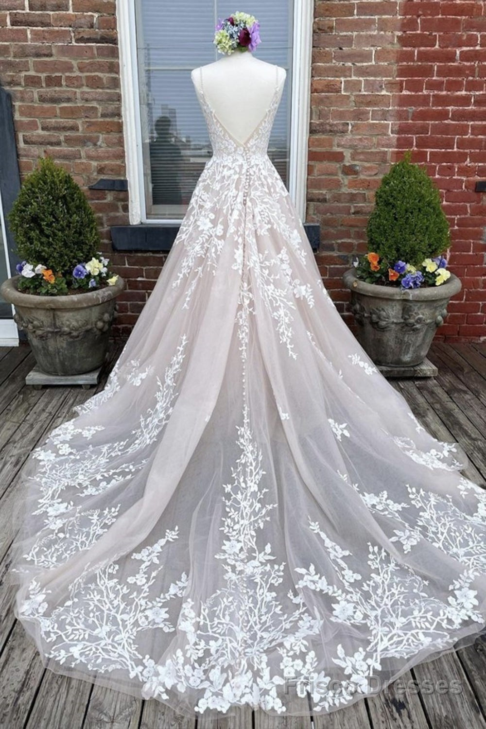 V Neck Backless Champagne Lace