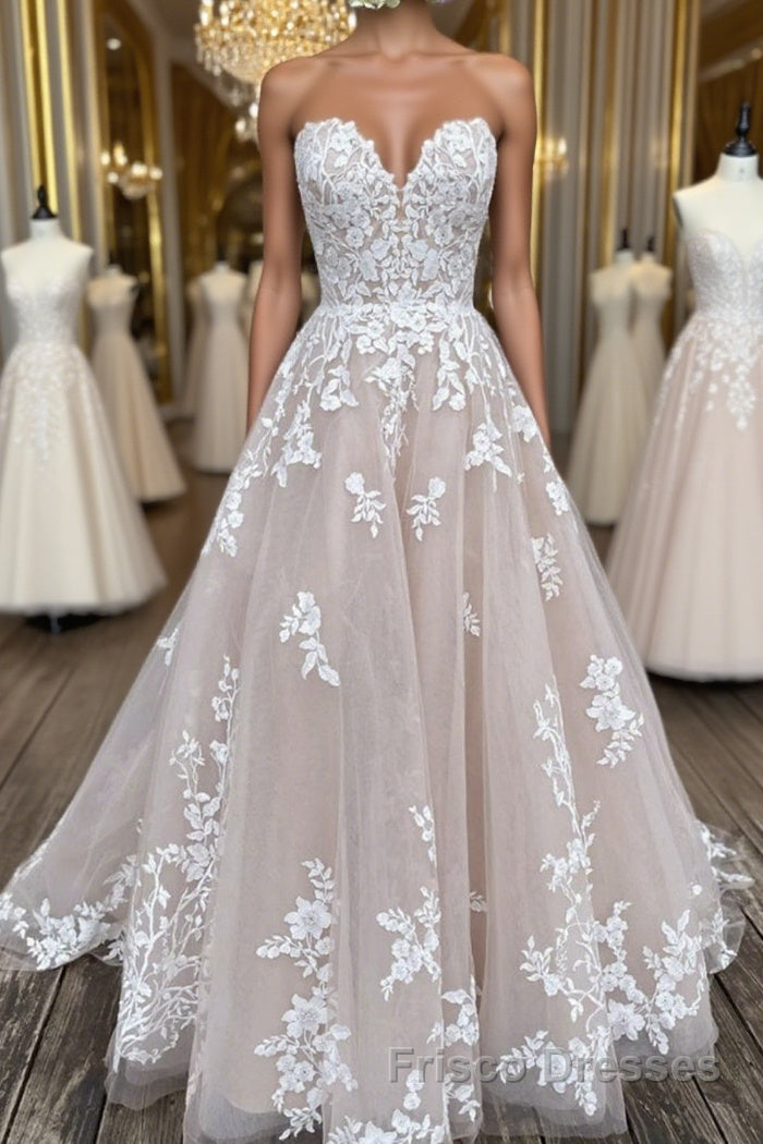 V Neck Backless Champagne Lace Appliques Long Formal Prom Dresses, Champagne Lace Formal Evening Dresses Main image