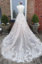 V Neck Backless Champagne Lace Appliques Long Formal Prom Dresses, Champagne Lace Formal Evening Dresses