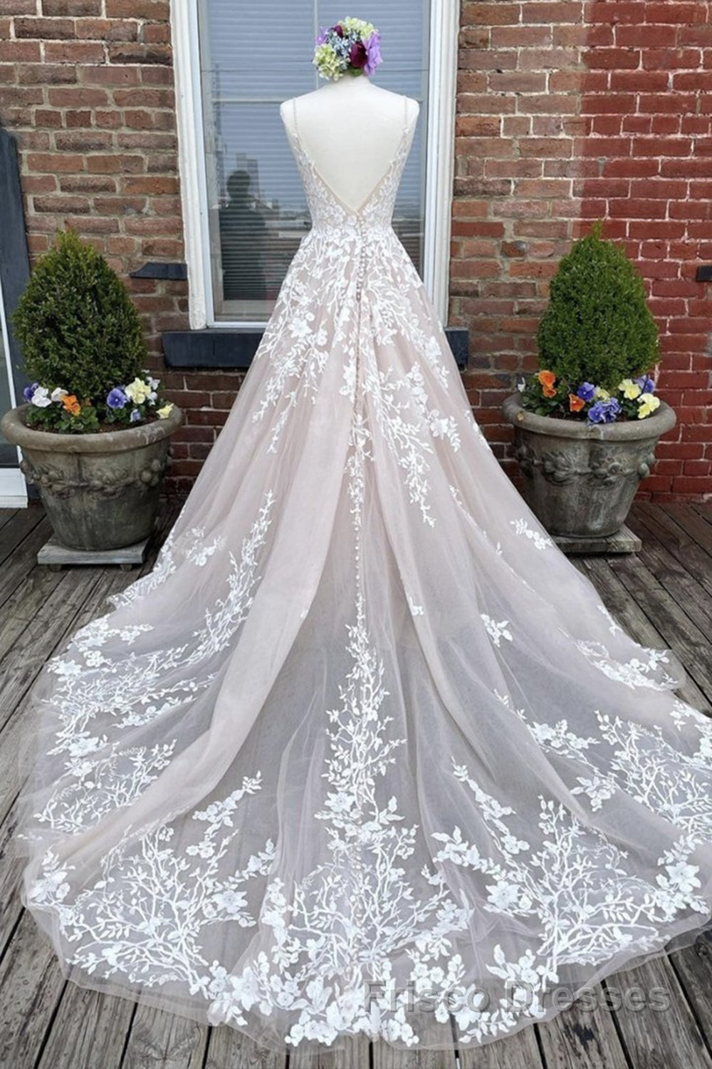 V Neck Backless Champagne Lace Appliques Long Formal Prom Dresses, Champagne Lace Formal Evening Dresses