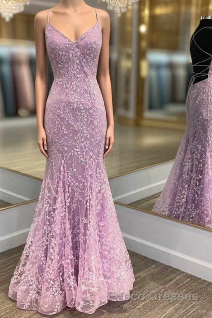 V Neck Backless Mermaid Purple Lace Long Formal Prom Dresses, Mermaid Purple Formal Dresses, Purple Lace Evening Dresses
