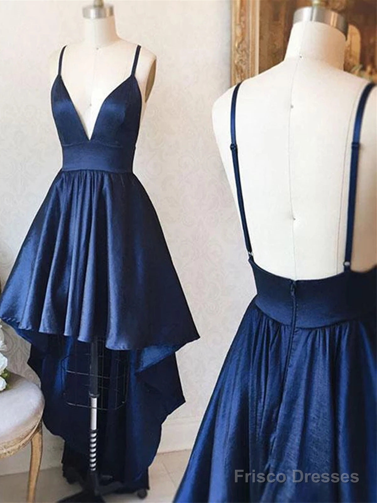 V Neck Backless Navy Blue/Pink High Low Prom Dresses, Backless High Low Formal Graduation Dresses Main image