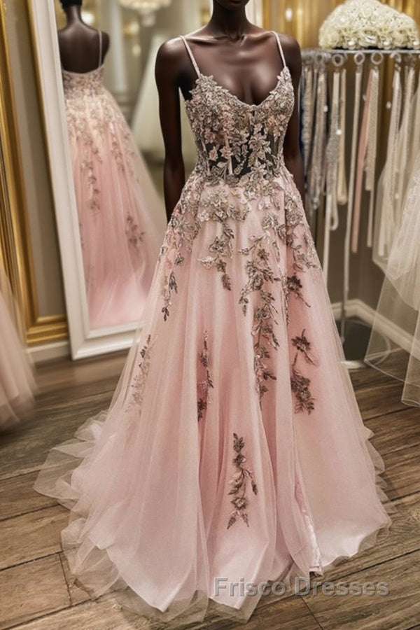V Neck Backless Pink Lace Long Formal Prom Dresses, Long Pink Lace Formal Evening Dresses Main image