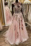 V Neck Backless Pink Lace Long Formal Prom Dresses, Long Pink Lace Formal Evening Dresses
