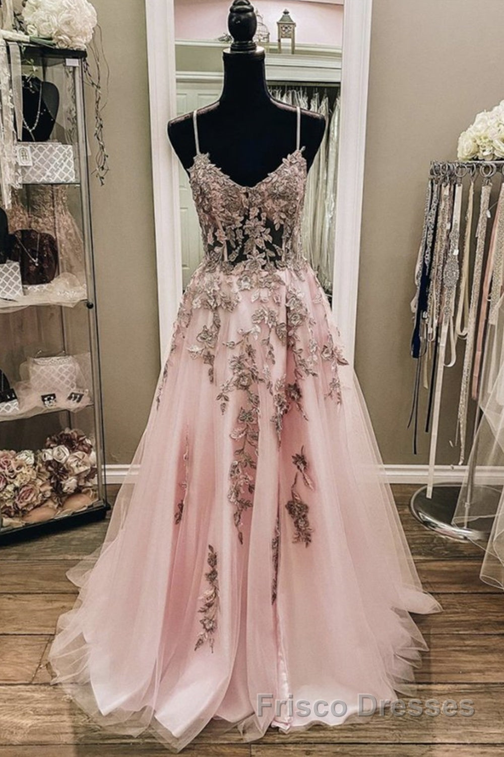 V Neck Backless Pink Lace Long Formal Prom Dresses, Long Pink Lace Formal Evening Dresses Secondary image