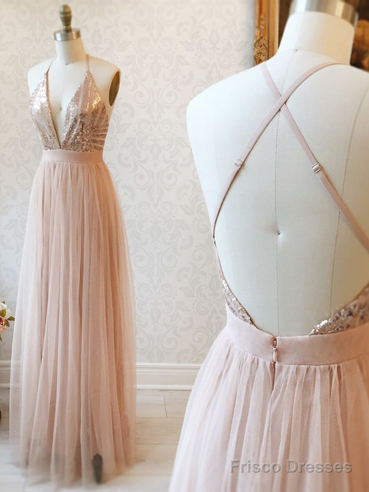 V Neck Backless Rose Gold Prom Dresses, Open Back Rose Gold Formal Bridesmaid Dresses Main image