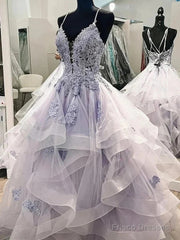 V Neck Backless Ruffles Appliques Tulle Blue Prom Dress