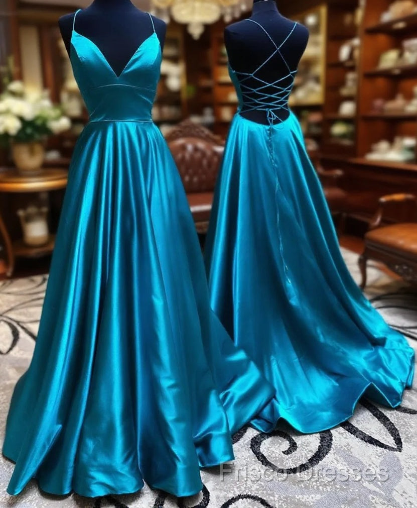 V Neck Backless Teal Long Formal Prom Dress, V Neck Open Back Blue Formal Dress Main image