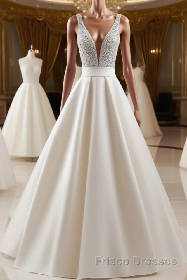 V Neck Backless White Formal Prom Dresses With Beads, V Neck Formal Dresses, White Evening Dresses
